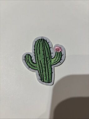 Green Cactus Embroidered Patch with Pink Flower - Women's Accessory
